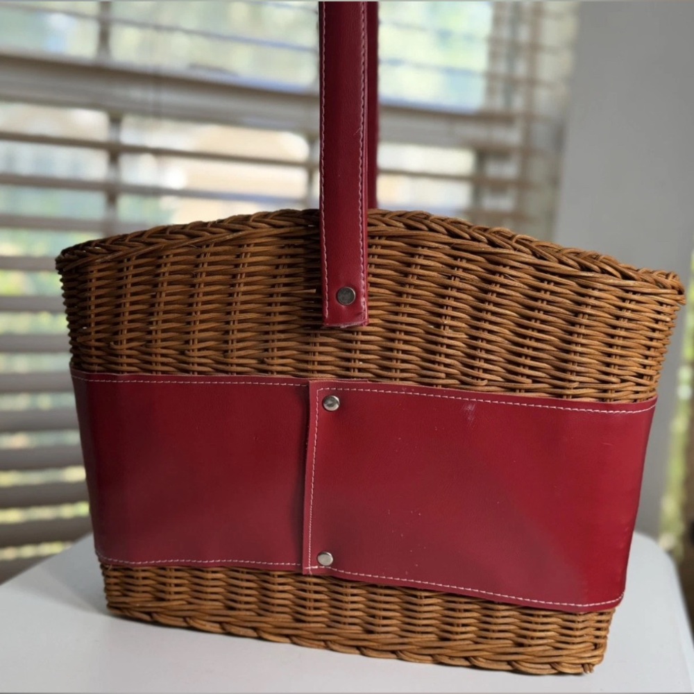 Vintage Wicker Garden Tote Basket, Red Faux Leather Tool Organizer,Decor Storage - Picture 3 of 8